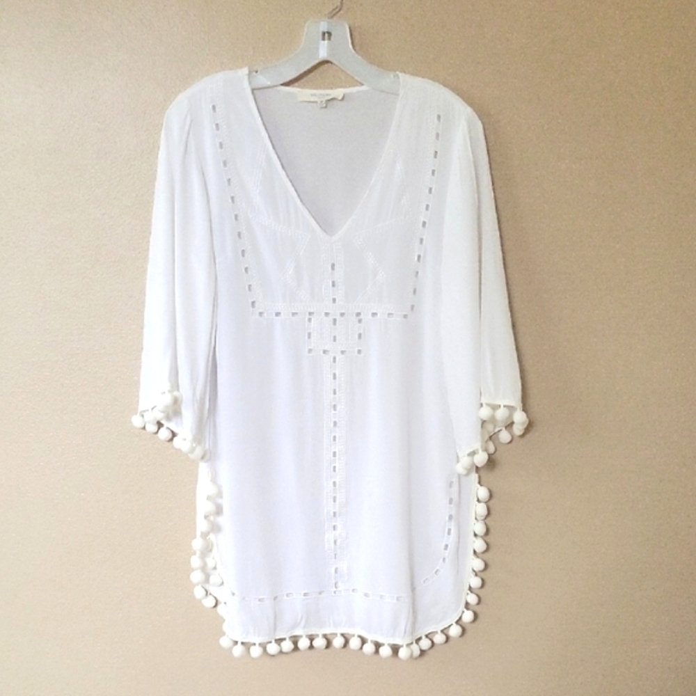 Solitaire Womens White Boho Pom Pom Tunic Swim Coverup - Size Medium